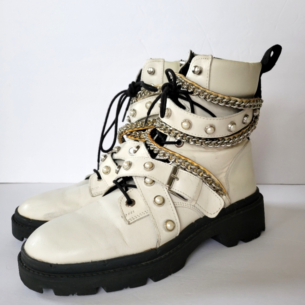 Zara Leather Combat Boots Pearl  Chain Moto White Black